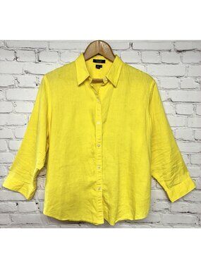 Women’s Chaps Buttery Yellow 100% Linen Button Front Breezy Beachy Blouse Sz XL